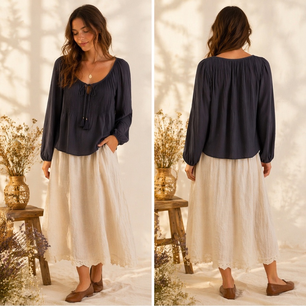 Daniel Rainn Navy Peasant Blouse with Tie Neck